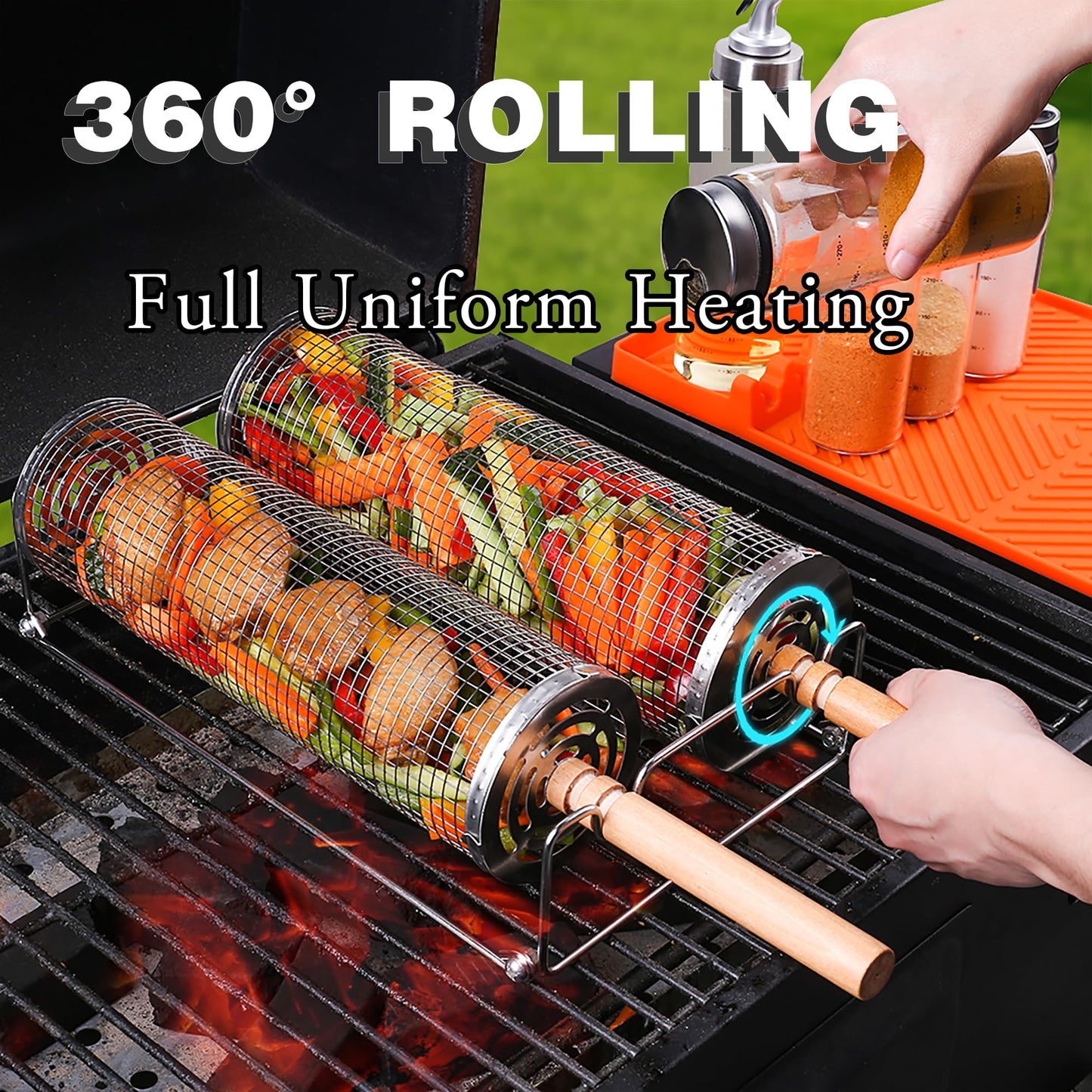Rolling Grill Basket Set with Removable Wooden Handle – 304 Stainless Steel BBQ Rotating Cage for Meat, Vegetables & Seafood (Grey)