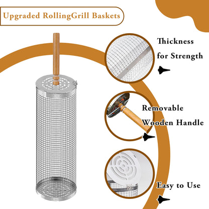 Rolling Grill Basket Set with Removable Wooden Handle – 304 Stainless Steel BBQ Rotating Cage for Meat, Vegetables & Seafood (Grey)