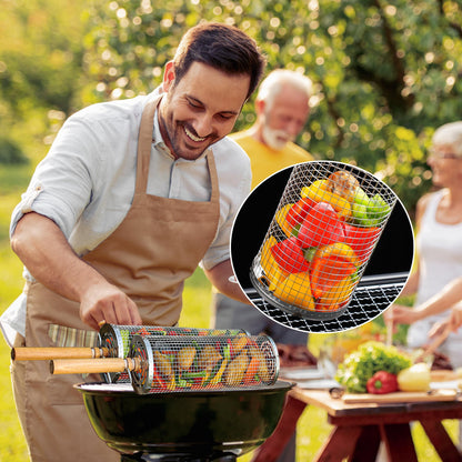 Rolling Grill Basket Set with Removable Wooden Handle – 304 Stainless Steel BBQ Rotating Cage for Meat, Vegetables & Seafood (Grey)
