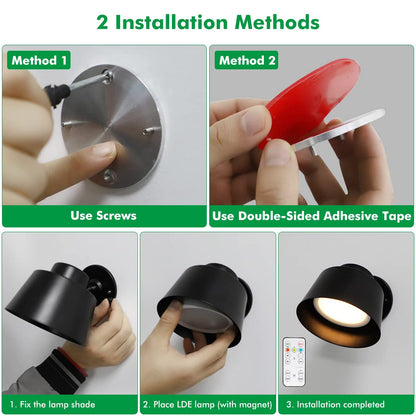 Night Light Wireless Wall Light Indoor LED 2 Pack,Battery Operated Wall Lights Rechargeable Lamp with Remote,Touch Lamp Dimmable Wall Sconces Bedside Lamp for Bedroom Livingroom (Black, 2Pack) [Energy Class E]