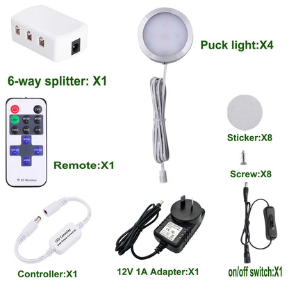 Dimmable LED Under Cabinet Lighting, Counter Showcase Kitchen Lighting Fixtures with 12V Plug in adapter and Dimmable Wireless Remote Control, 4 Ultra Slim Puck Lights Kit (Warm White)