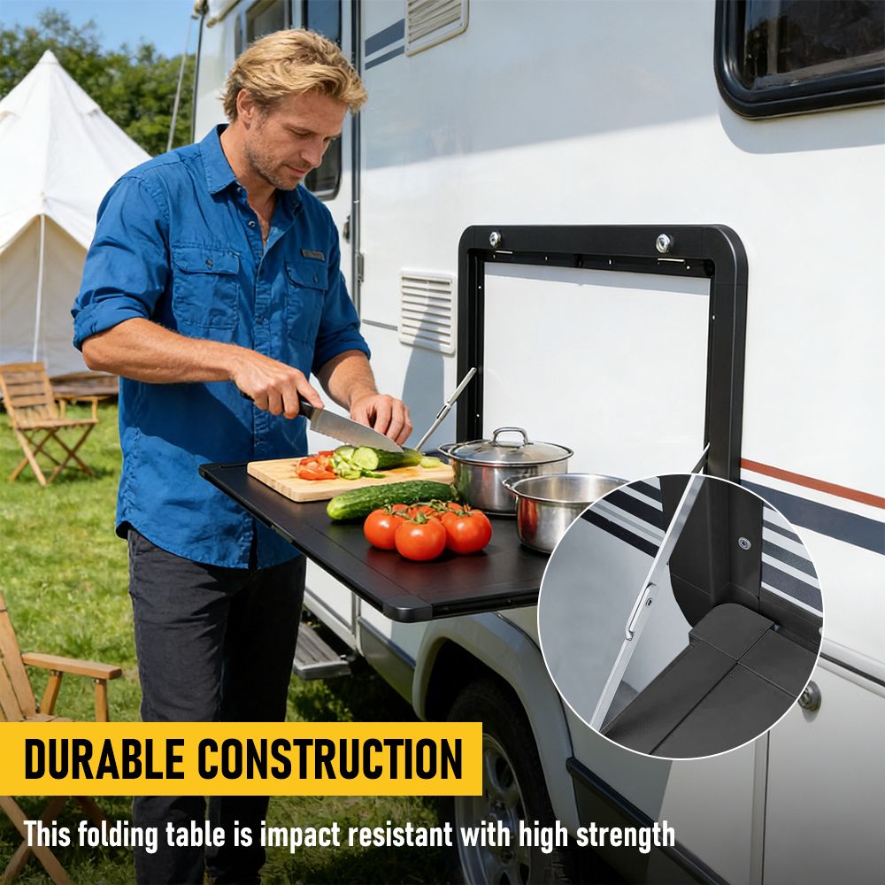 Aumerage Aluminium Folding Caravan Table – Lockable, Space-Saving Portable Table with 50kg Capacity, Black