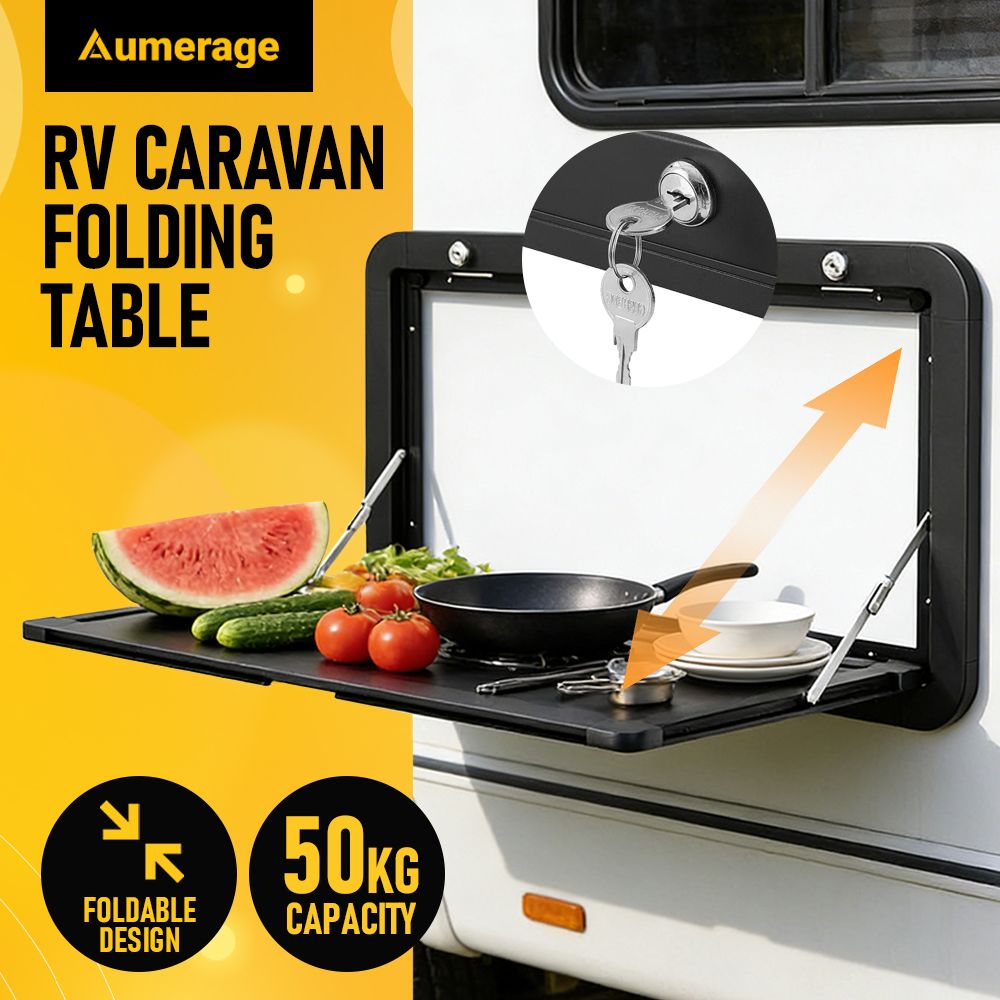 Aumerage Aluminium Folding Caravan Table – Lockable, Space-Saving Portable Table with 50kg Capacity, Black