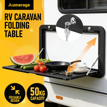 Aumerage Aluminium Folding Caravan Table – Lockable, Space-Saving Portable Table with 50kg Capacity, Black