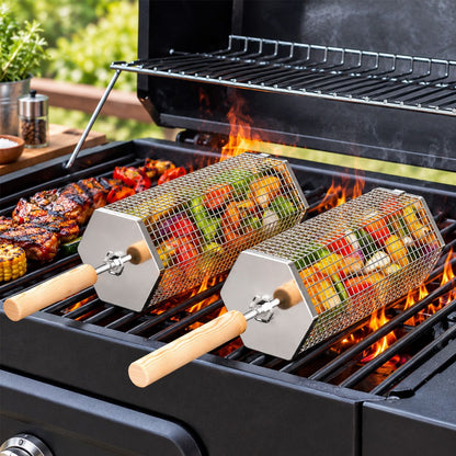 2Pcs Rolling Grill Basket with Removable Handle, 304 Stainless Steel BBQ Grilling Basket for Vegetables, Fish, Shrimp & Meat, Rotating Barbecue Cooking Basket for Outdoor Camping, Picnic & Backyard Grill