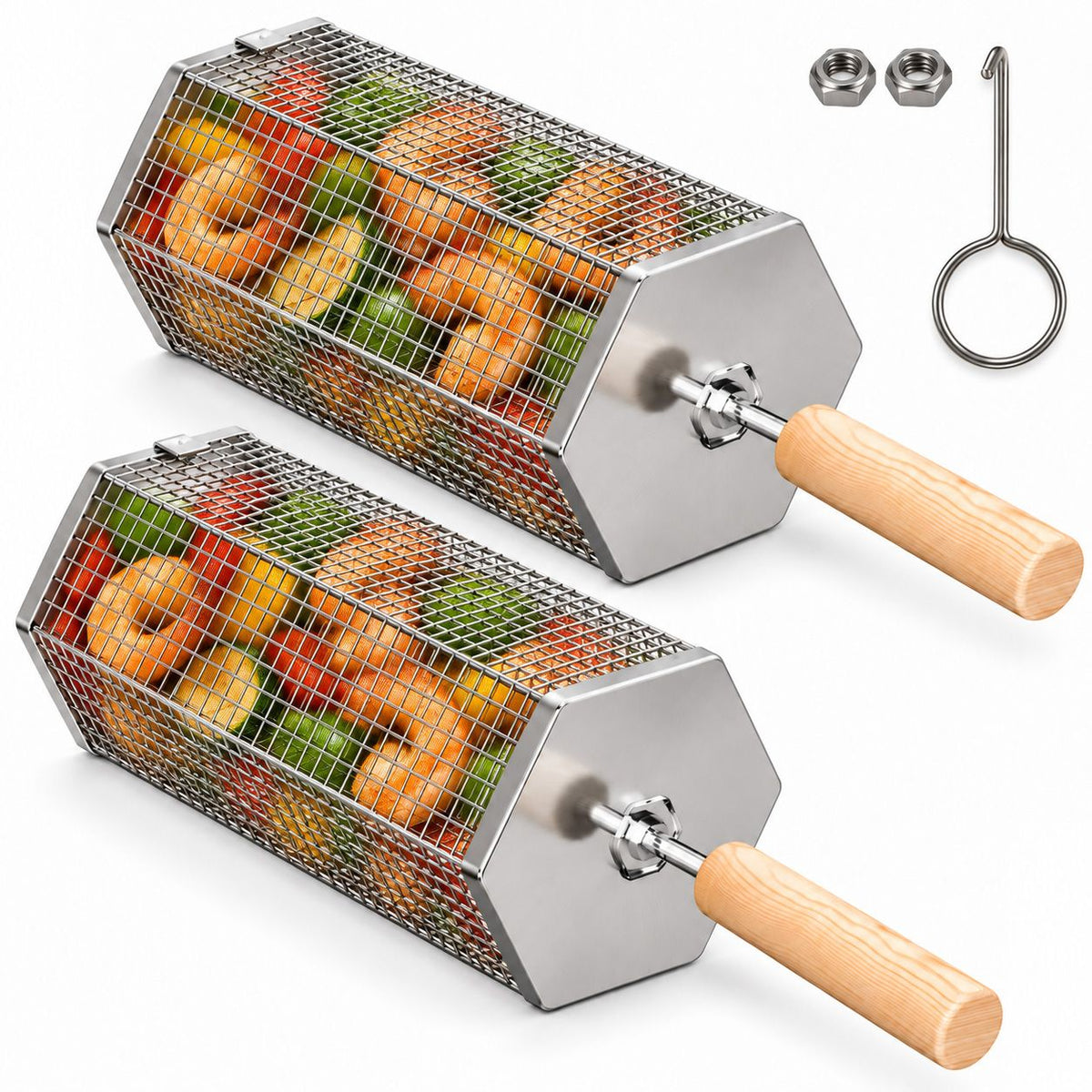 2Pcs Rolling Grill Basket with Removable Handle, 304 Stainless Steel BBQ Grilling Basket for Vegetables, Fish, Shrimp & Meat, Rotating Barbecue Cooking Basket for Outdoor Camping, Picnic & Backyard Grill