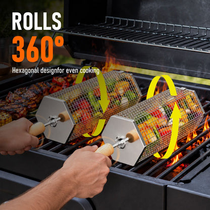 2Pcs Rolling Grill Basket with Removable Handle, 304 Stainless Steel BBQ Grilling Basket for Vegetables, Fish, Shrimp & Meat, Rotating Barbecue Cooking Basket for Outdoor Camping, Picnic & Backyard Grill