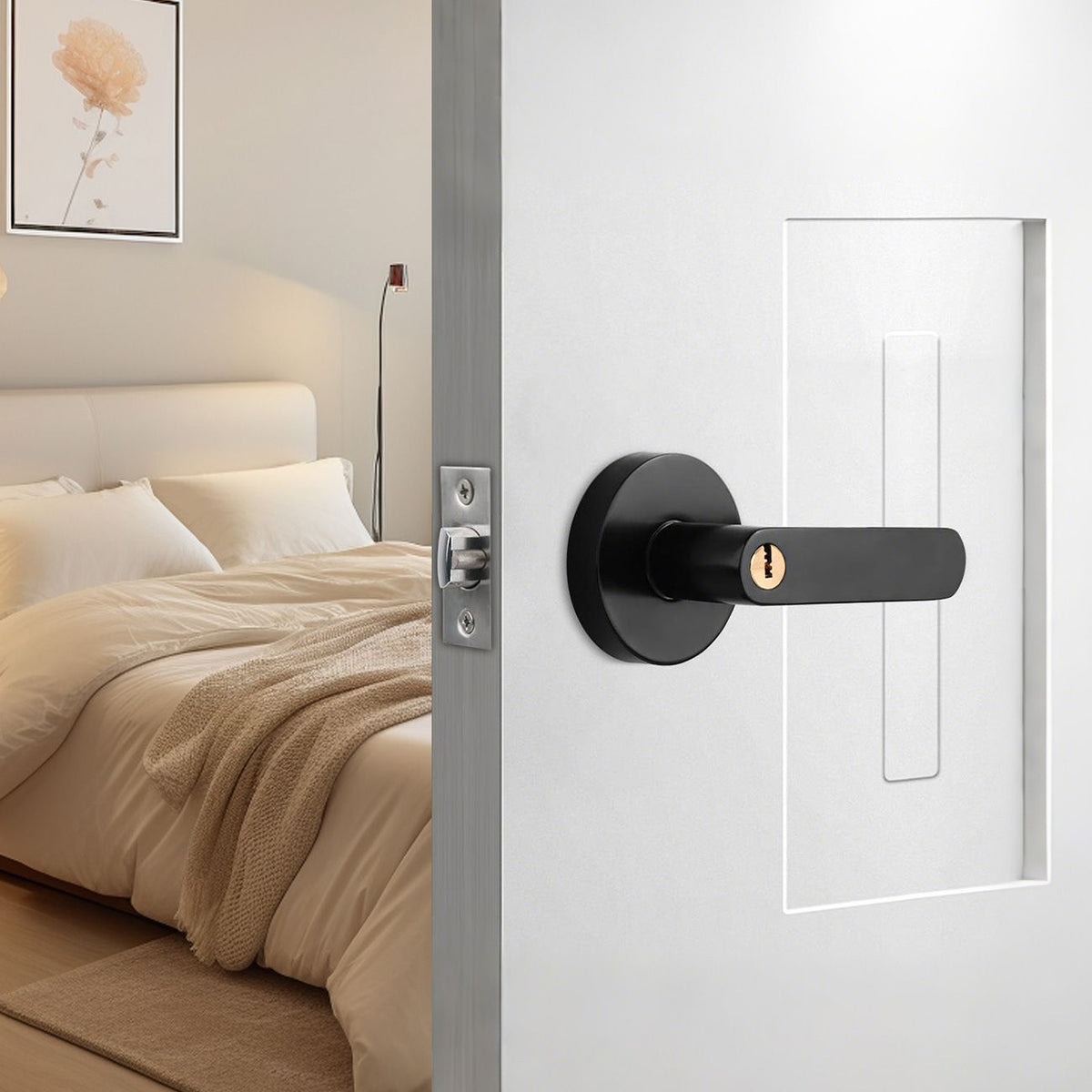 Privacy Door Lever Handle with Key, Heavy Duty Interior Door Lock, Round Design, 1 Pack, Matte Black