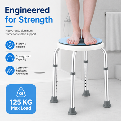 Bath Stool for Seniors, Swivel Seat & Non-Slip Height-Adjustable Round Shower Bench, Rotating Design, for Seniors Elderly, 125kg Capacity