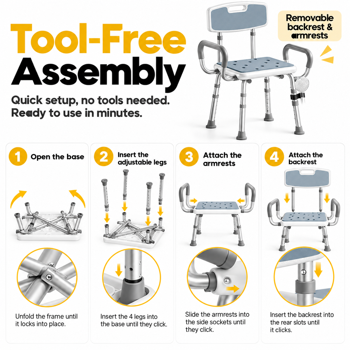 Height Adjustable Shower Chair with Arms & Back, Aluminium Bathroom Seat, 136kg Capacity