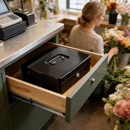 Lockable Metal Cash Box with 2 Keys, 4 Bill & 5 Coin Tray, Security Money Box with Anti-Loss Rope