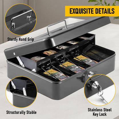 Lockable Metal Cash Box with 2 Keys, 4 Bill & 5 Coin Tray, Security Money Box with Anti-Loss Rope