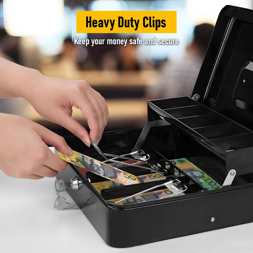 Lockable Metal Cash Box with 2 Keys, 4 Bill & 5 Coin Tray, Security Money Box with Anti-Loss Rope