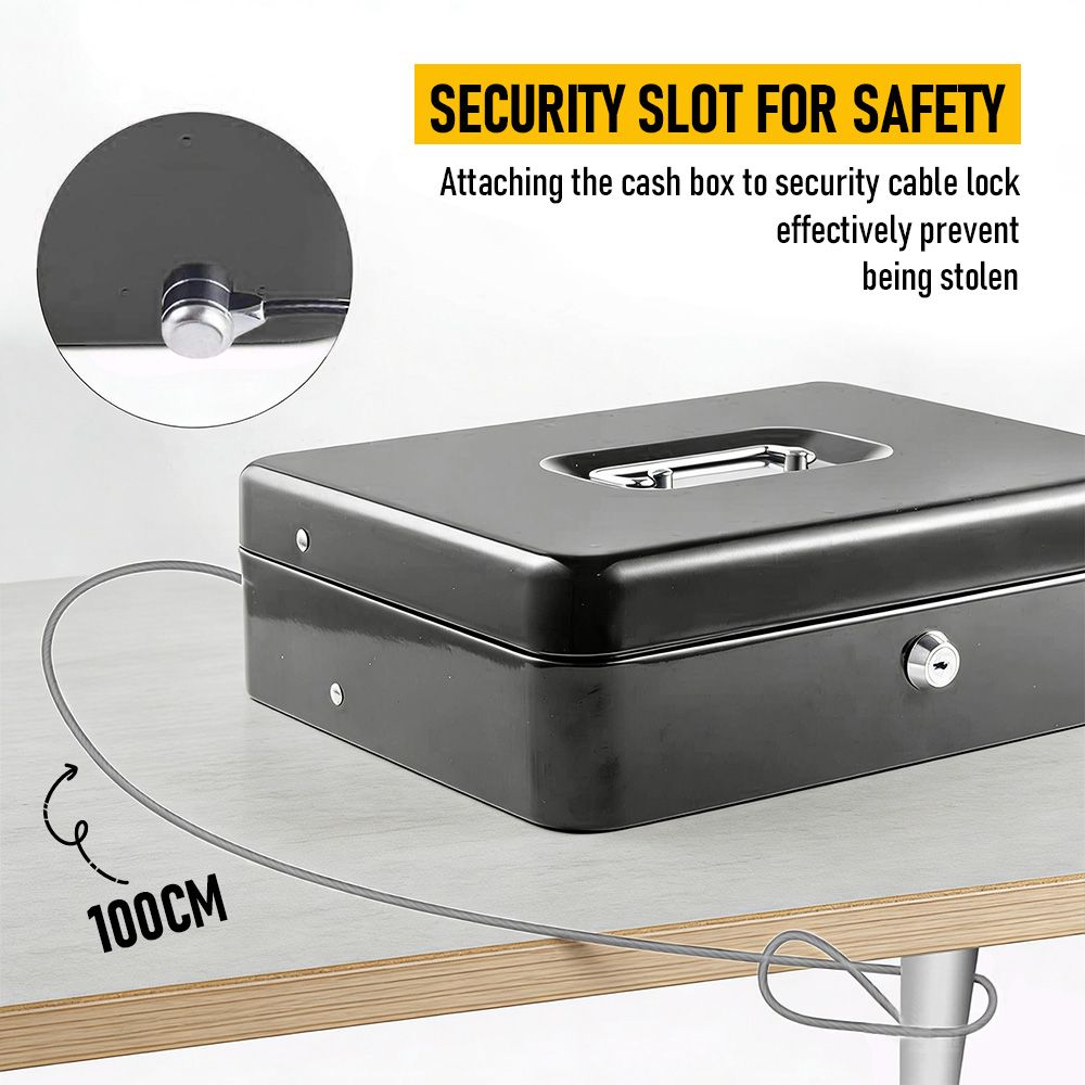 Lockable Metal Cash Box with 2 Keys, 4 Bill & 5 Coin Tray, Security Money Box with Anti-Loss Rope