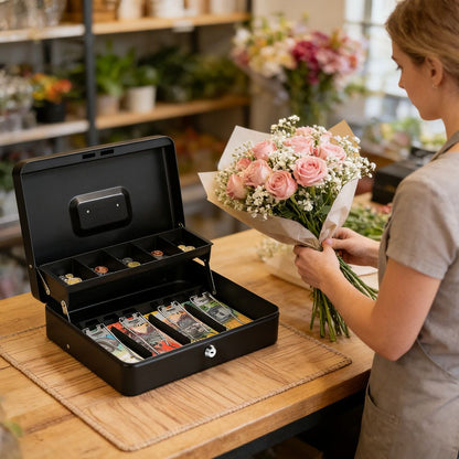 Lockable Metal Cash Box with 2 Keys, 4 Bill & 5 Coin Tray, Security Money Box with Anti-Loss Rope
