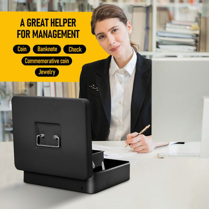 Lockable Metal Cash Box with 2 Keys, 4 Bill & 5 Coin Tray, Security Money Box with Anti-Loss Rope