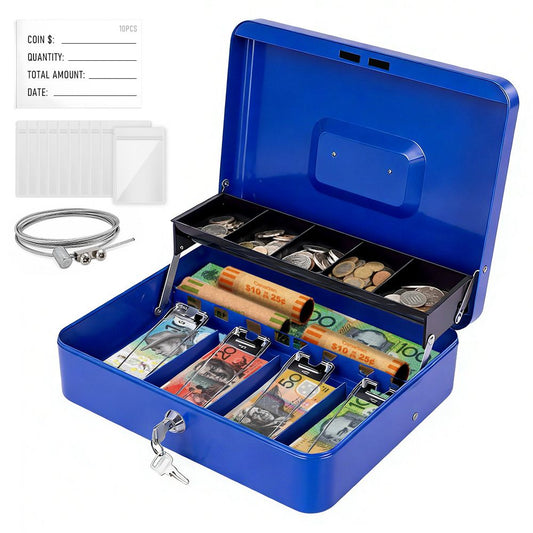 Lockable Metal Cash Box with 2 Keys, 4 Bill & 5 Coin Tray, Security Money Box with Anti-Loss Rope