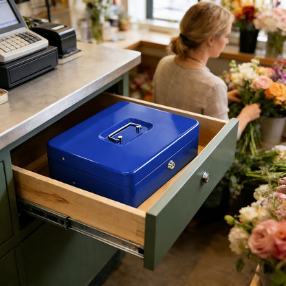 Lockable Metal Cash Box with 2 Keys, 4 Bill & 5 Coin Tray, Security Money Box with Anti-Loss Rope