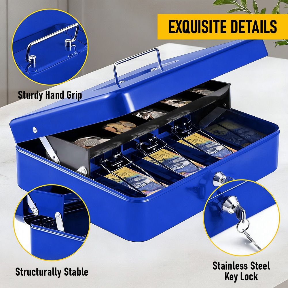 Lockable Metal Cash Box with 2 Keys, 4 Bill & 5 Coin Tray, Security Money Box with Anti-Loss Rope