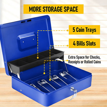Lockable Metal Cash Box with 2 Keys, 4 Bill & 5 Coin Tray, Security Money Box with Anti-Loss Rope