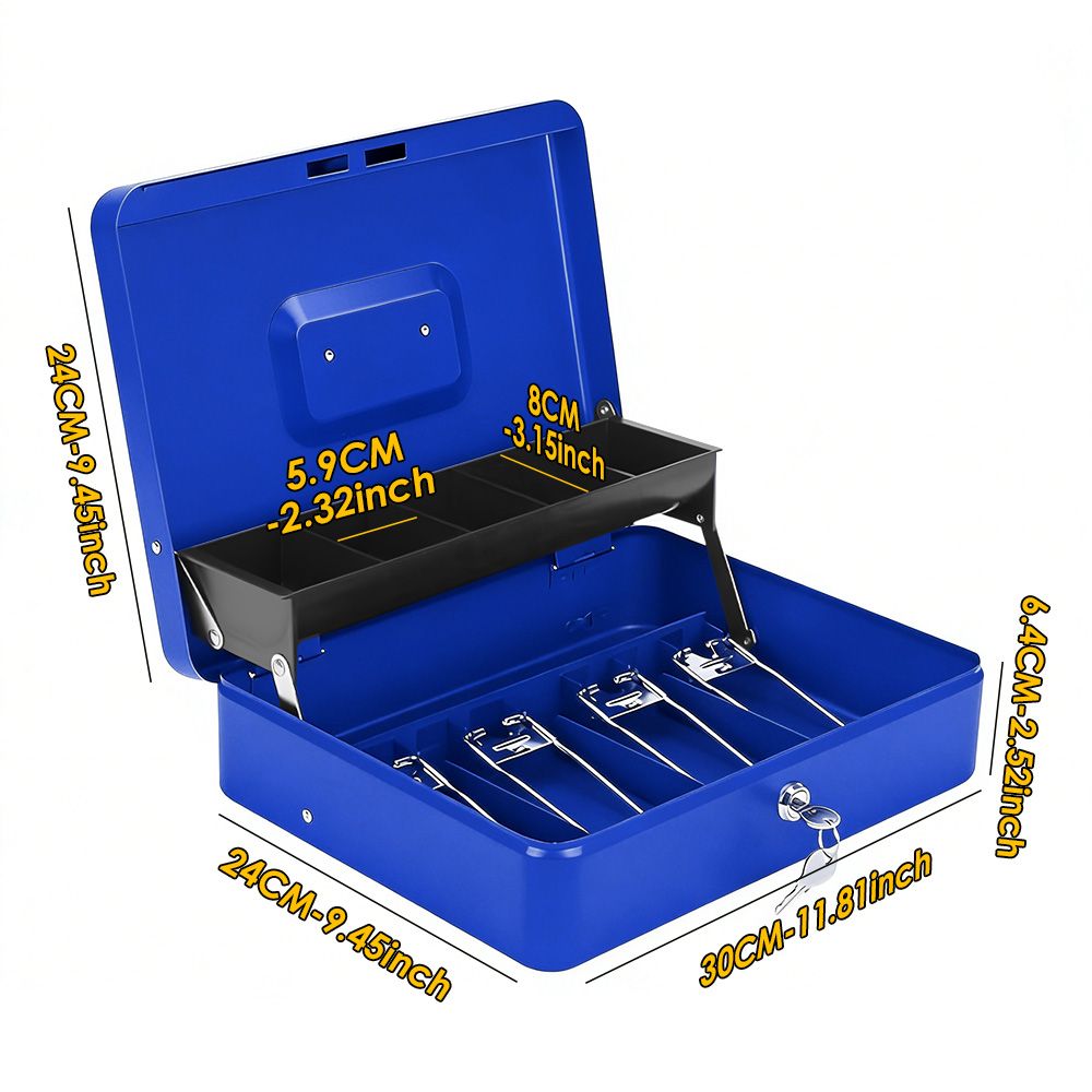 Lockable Metal Cash Box with 2 Keys, 4 Bill & 5 Coin Tray, Security Money Box with Anti-Loss Rope