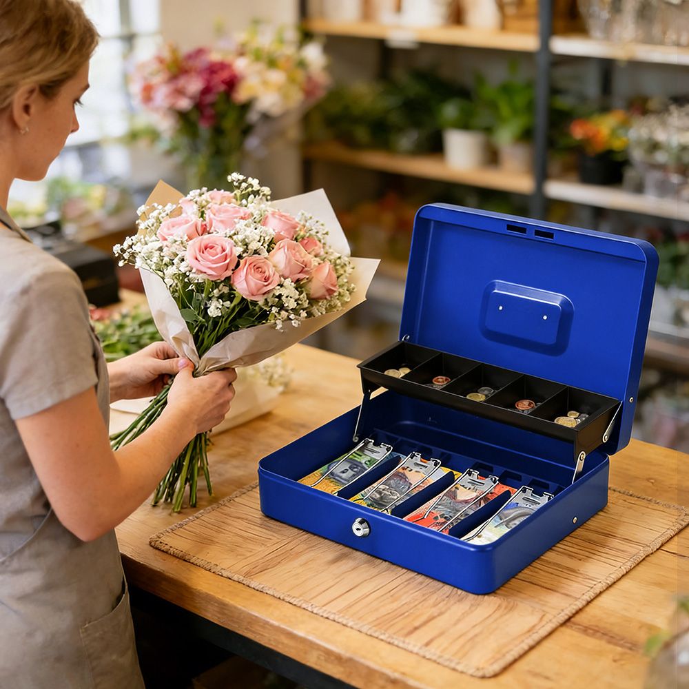 Lockable Metal Cash Box with 2 Keys, 4 Bill & 5 Coin Tray, Security Money Box with Anti-Loss Rope