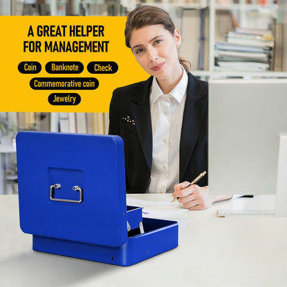 Lockable Metal Cash Box with 2 Keys, 4 Bill & 5 Coin Tray, Security Money Box with Anti-Loss Rope