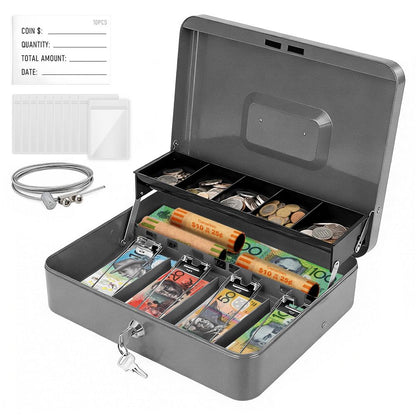 Lockable Metal Cash Box with 2 Keys, 4 Bill & 5 Coin Tray, Security Money Box with Anti-Loss Rope