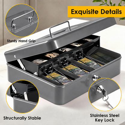 Lockable Metal Cash Box with 2 Keys, 4 Bill & 5 Coin Tray, Security Money Box with Anti-Loss Rope