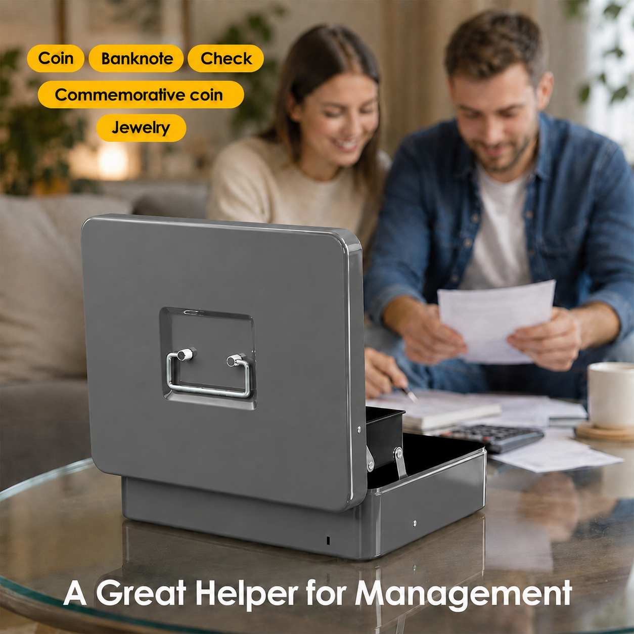 Lockable Metal Cash Box with 2 Keys, 4 Bill & 5 Coin Tray, Security Money Box with Anti-Loss Rope