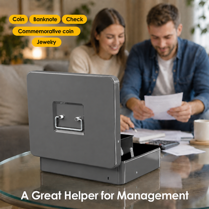 Lockable Metal Cash Box with 2 Keys, 4 Bill & 5 Coin Tray, Security Money Box with Anti-Loss Rope