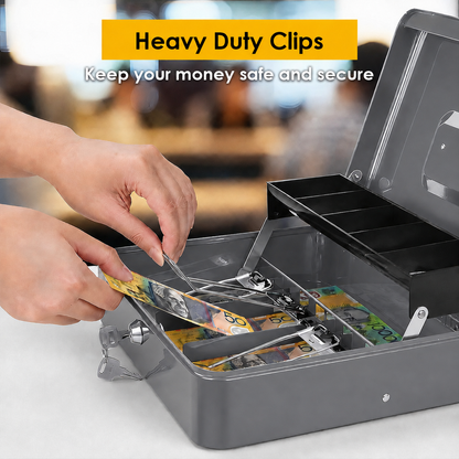 Lockable Metal Cash Box with 2 Keys, 4 Bill & 5 Coin Tray, Security Money Box with Anti-Loss Rope