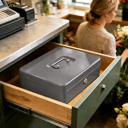 Lockable Metal Cash Box with 2 Keys, 4 Bill & 5 Coin Tray, Security Money Box with Anti-Loss Rope