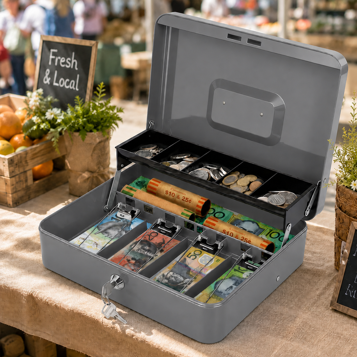 Lockable Metal Cash Box with 2 Keys, 4 Bill & 5 Coin Tray, Security Money Box with Anti-Loss Rope