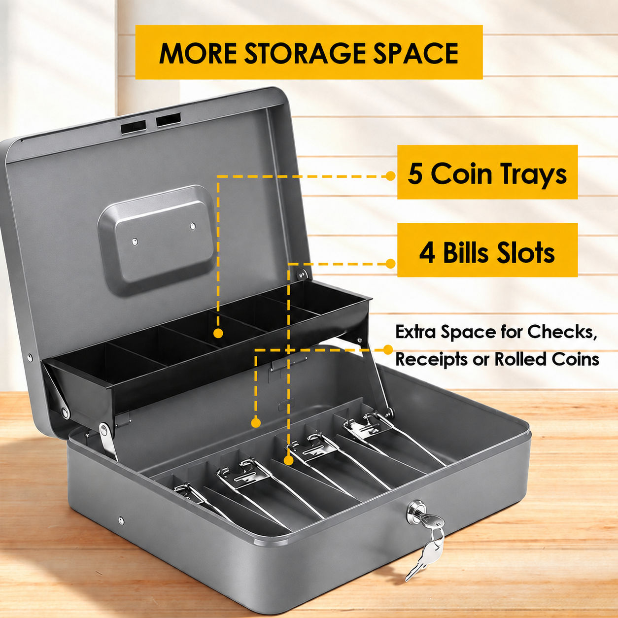 Lockable Metal Cash Box with 2 Keys, 4 Bill & 5 Coin Tray, Security Money Box with Anti-Loss Rope