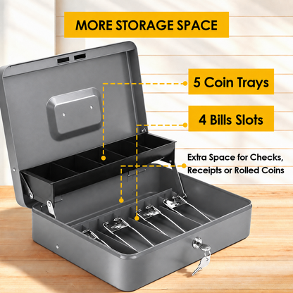 Lockable Metal Cash Box with 2 Keys, 4 Bill & 5 Coin Tray, Security Money Box with Anti-Loss Rope