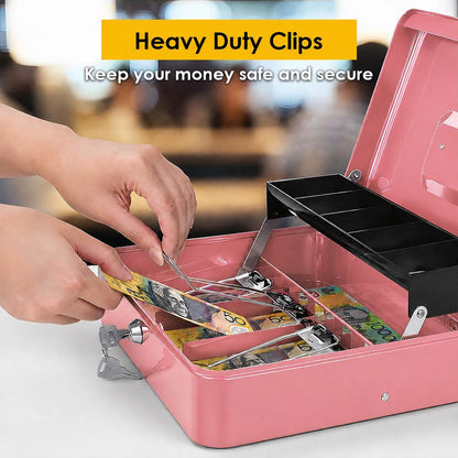 Lockable Metal Cash Box with 2 Keys, 4 Bill & 5 Coin Tray, Security Money Box with Anti-Loss Rope