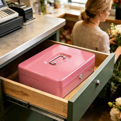 Lockable Metal Cash Box with 2 Keys, 4 Bill & 5 Coin Tray, Security Money Box with Anti-Loss Rope