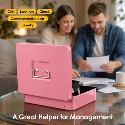 Lockable Metal Cash Box with 2 Keys, 4 Bill & 5 Coin Tray, Security Money Box with Anti-Loss Rope