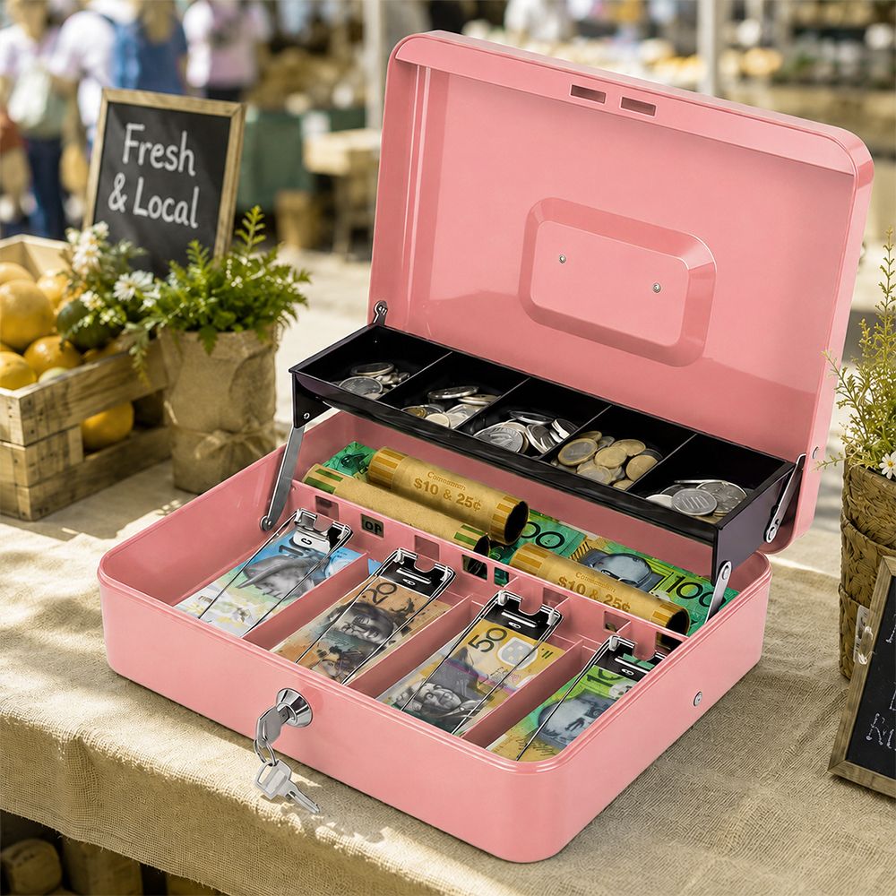 Lockable Metal Cash Box with 2 Keys, 4 Bill & 5 Coin Tray, Security Money Box with Anti-Loss Rope