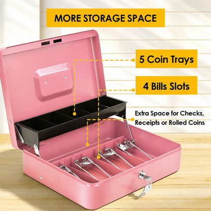 Lockable Metal Cash Box with 2 Keys, 4 Bill & 5 Coin Tray, Security Money Box with Anti-Loss Rope
