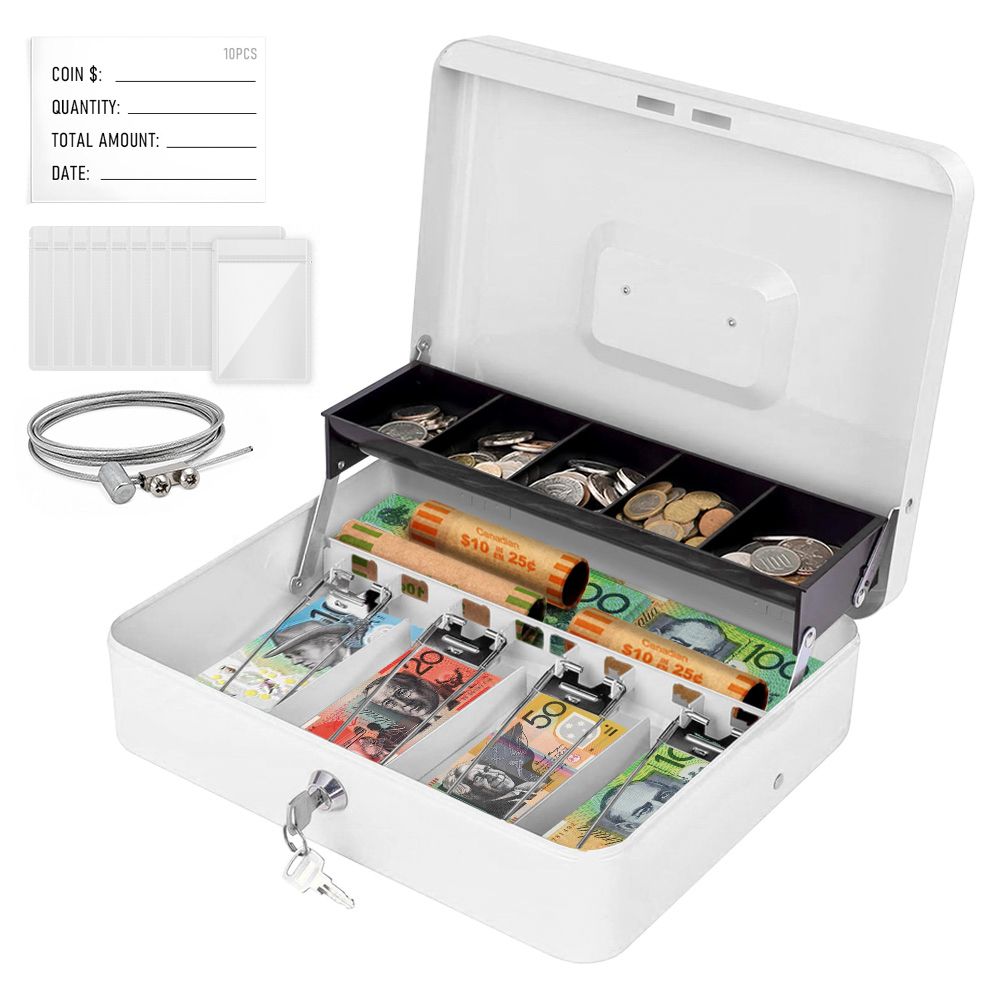 Lockable Metal Cash Box with 2 Keys, 4 Bill & 5 Coin Tray, Security Money Box with Anti-Loss Rope
