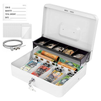 Lockable Metal Cash Box with 2 Keys, 4 Bill & 5 Coin Tray, Security Money Box with Anti-Loss Rope