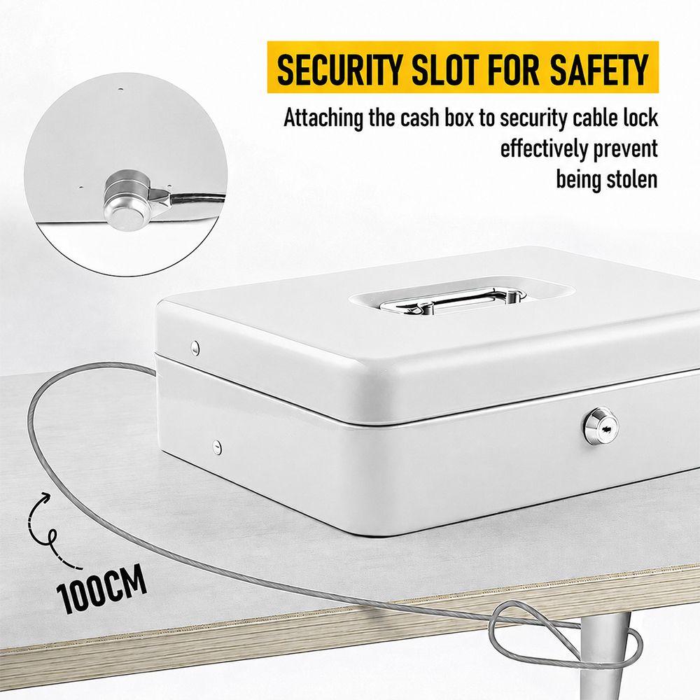 Lockable Metal Cash Box with 2 Keys, 4 Bill & 5 Coin Tray, Security Money Box with Anti-Loss Rope