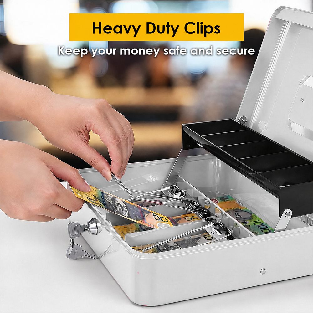 Lockable Metal Cash Box with 2 Keys, 4 Bill & 5 Coin Tray, Security Money Box with Anti-Loss Rope