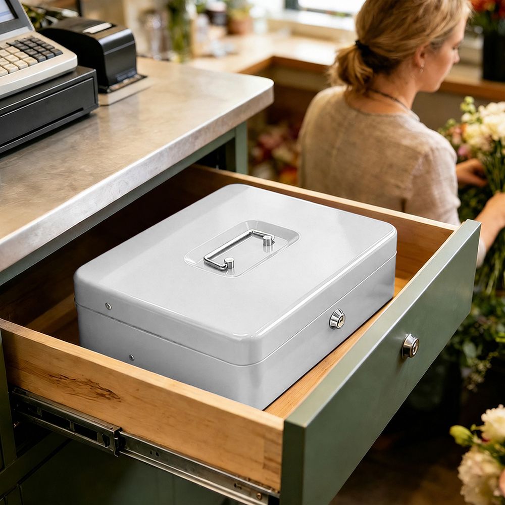 Lockable Metal Cash Box with 2 Keys, 4 Bill & 5 Coin Tray, Security Money Box with Anti-Loss Rope