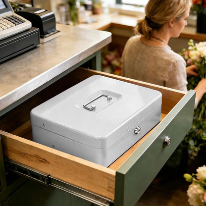 Lockable Metal Cash Box with 2 Keys, 4 Bill & 5 Coin Tray, Security Money Box with Anti-Loss Rope