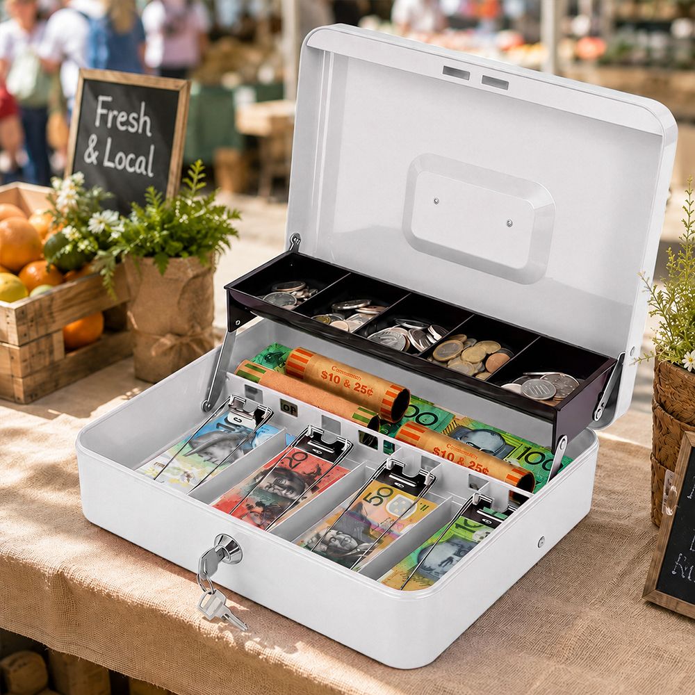 Lockable Metal Cash Box with 2 Keys, 4 Bill & 5 Coin Tray, Security Money Box with Anti-Loss Rope
