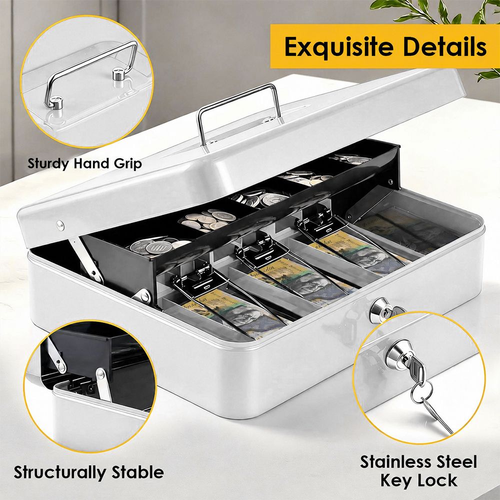 Lockable Metal Cash Box with 2 Keys, 4 Bill & 5 Coin Tray, Security Money Box with Anti-Loss Rope