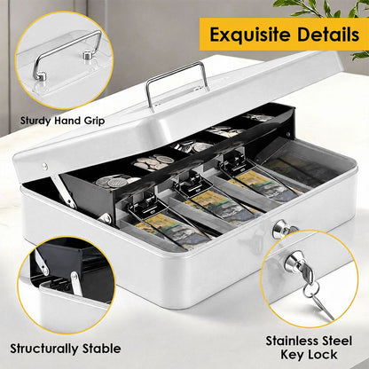 Lockable Metal Cash Box with 2 Keys, 4 Bill & 5 Coin Tray, Security Money Box with Anti-Loss Rope